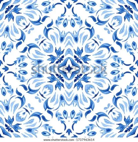 Watercolor Blue Damask Seamless Pattern Indigo: ilustrações stock ...