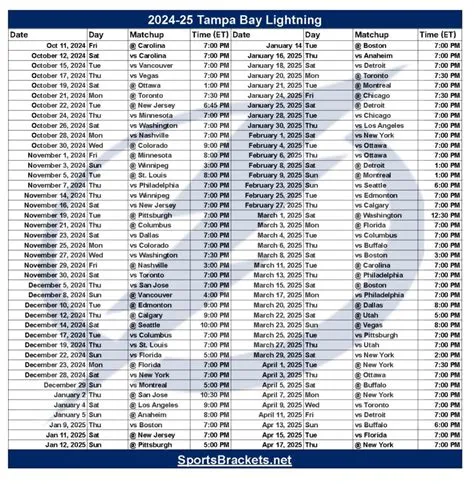 2025-26 Tampa Bay Lightning Schedule; Printable, PDF Format - Sports ...