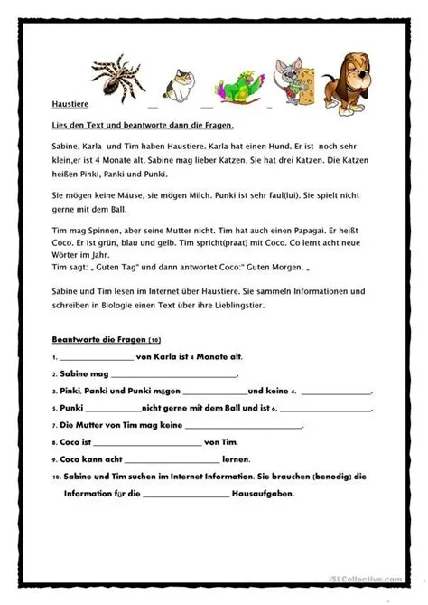 Tiere Leseverstehen A1 | Lesen, Text auf deutsch, Deutsche sprache