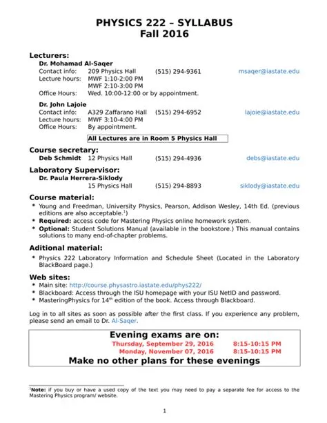 PHYSICS 222 – SYLLABUS Fall 2016