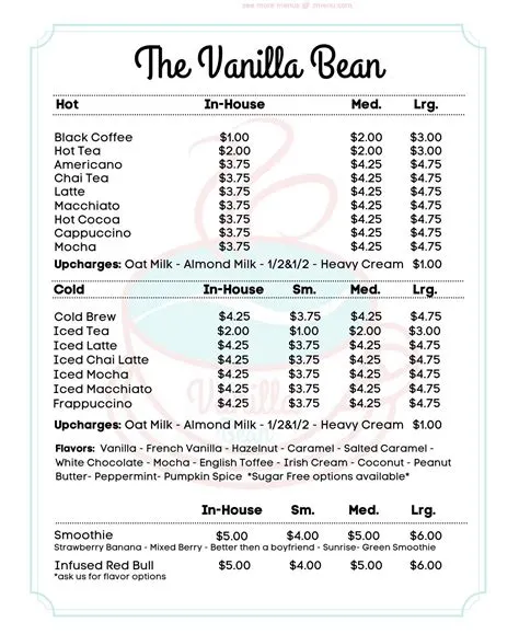 Menu at The Vanilla Bean cafe, Alva, 319 US-64