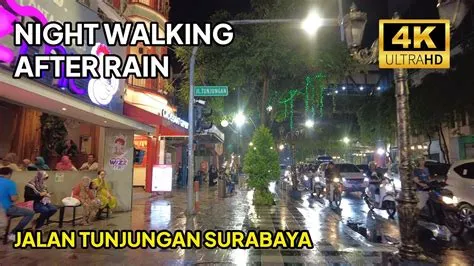 Malam Hari Berjalan Kaki Sehabis Hujan di Jalan Tunjungan Surabaya 4K ...