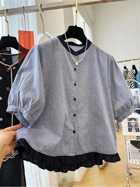 Korean Contrasting Striped Short-sleeved Shirt for Women in Summer New ...