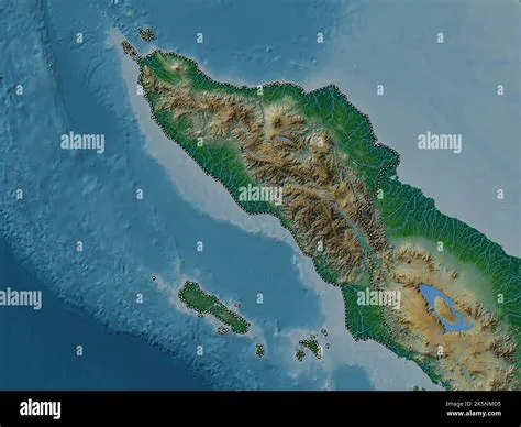 Aceh, autonomous province of Indonesia. Colored elevation map with ...