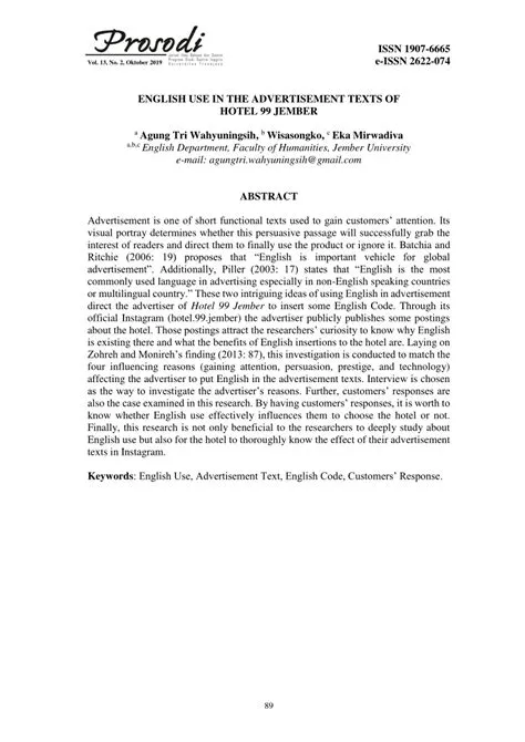 (PDF) English Use in The Advertisement Texts of Hotel 99 Jember