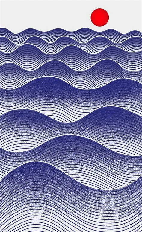 Ocean Harmony – Stylized Waves and a Red Sun | Seni pola, Pola, Seni