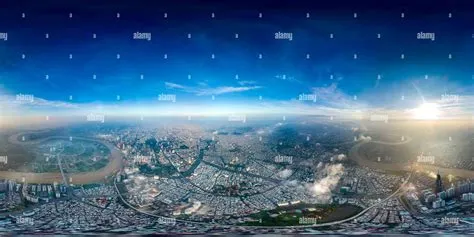 360° view of High Altitude 360 VR Cityscape at Sunrise with Visibility ...