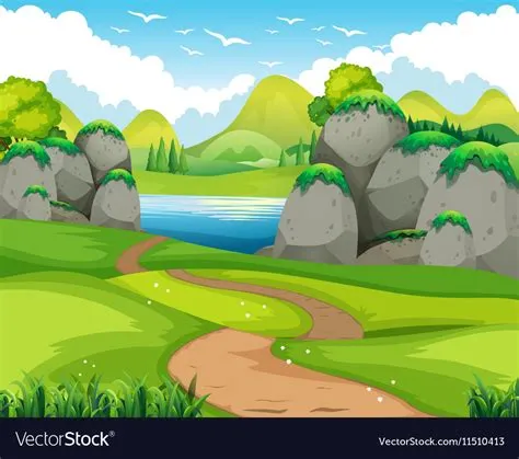 Nature scene with hiking track and lake Royalty Free Vector