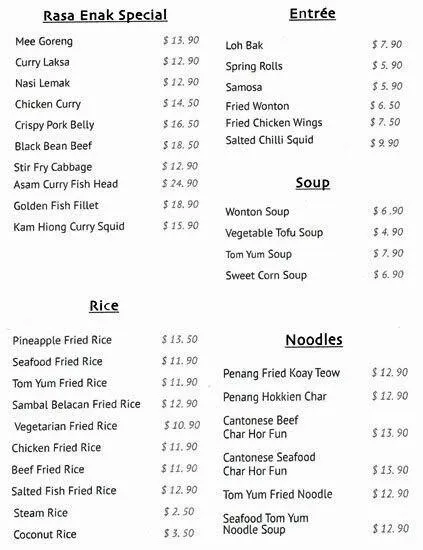 Menu at Rasa Enak restaurant, Perth, 130 Coolibah Dr