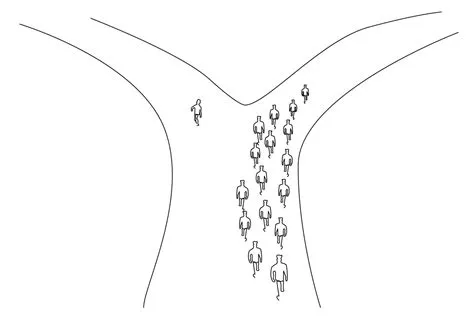 People are walking on the same crowded road. one person chooses a ...