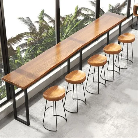 Brown Modern Style Bar Table Solid Wood and Metal with Footrest Coffee ...