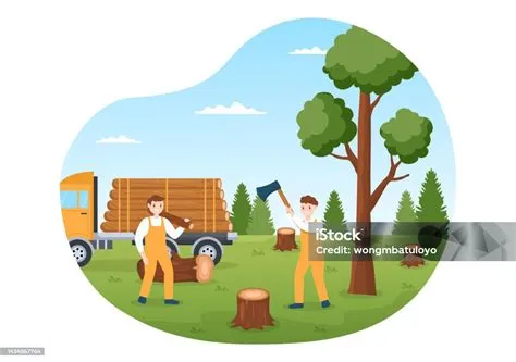 Orang Penebangan Pohon Dan Kayu Dengan Truk Gergaji Kayu Dan Alat ...