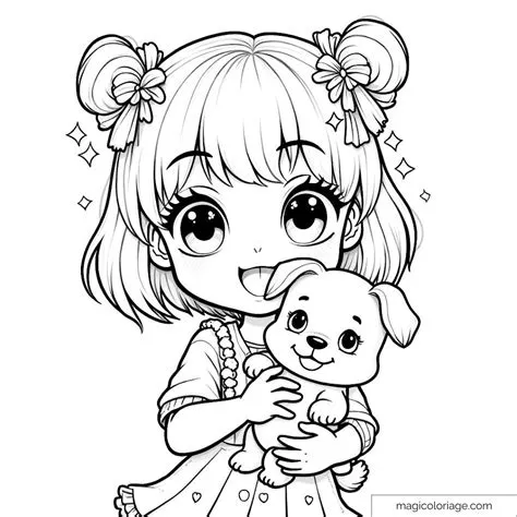Petite fille adorable avec chien à colorier pour enfants