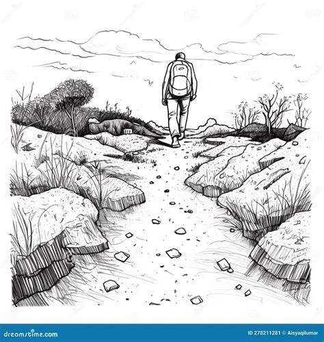 A Man Was Walking on a Narrow Path. Trees and Shrubs Grow Along the ...