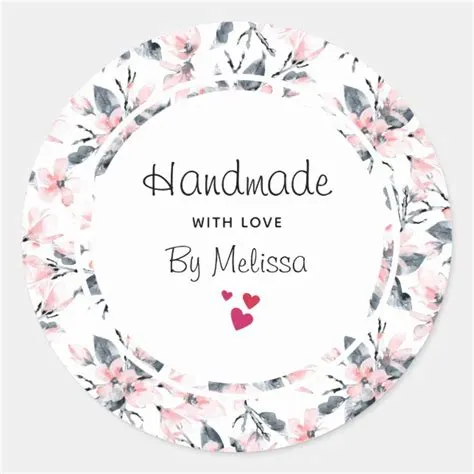 Handmade with Love Pink & Gray Floral Pattern Classic Round Sticker ...