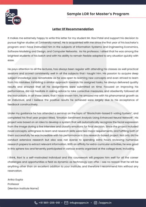 Academic LOR Samples and Examples in PDF format for Study Abroad