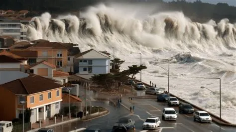 Huge Wave Crashes Against The Buildings And Cars In This Image ...