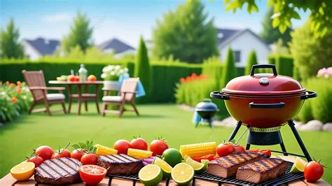 Summer Time In Backyard Garden With Barbeque Grill Blurred Background ...