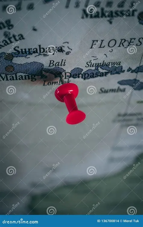 Close Up of Denpasar Bali Pin Pointed on the World Map with a Pink ...