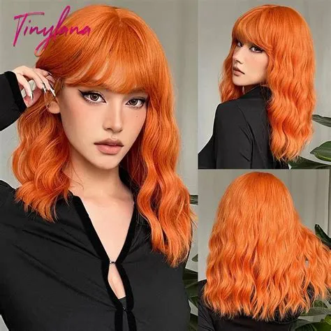 Short Curly Ginger Orange Copper Synthetic Hair Wigs with Bangs for ...