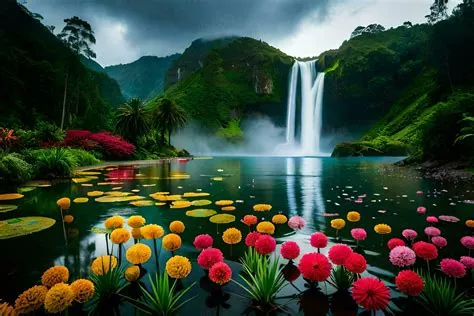 beautiful waterfall, flowers, water, nature, waterfall, hd wallpaper ...