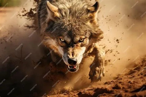 Premium AI Image | Closeup shot of angry gray wolf running through sand ...