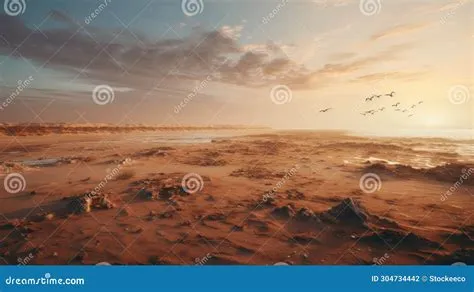 Hyper-realistic Ecosystem Shot: Geese Flying Over Sandy Beach Stock ...