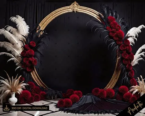 Elegant Black Gold Red Digital Photography Backdrop Feathers Flowers ...