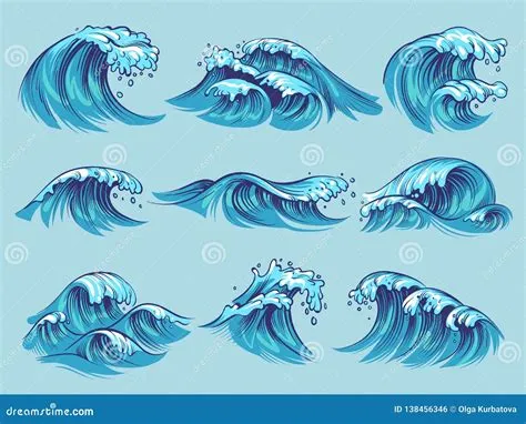 Hand Drawn Ocean Waves. Sketch Sea Tidal Blue Waves Tide Splash Hand ...