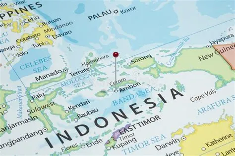 Close Up To a Ambon City with a Red Pin Needle into Indonesia Map Stock ...