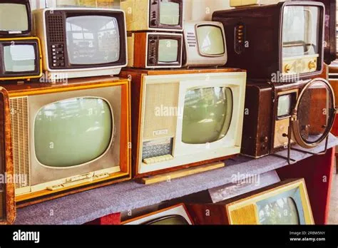 Rows of old TVs.The first televisions are tube-type.Collection Of retro ...