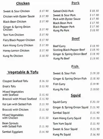 Menu at Rasa Enak restaurant, Perth, 130 Coolibah Dr