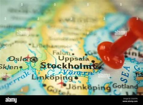 Location Stockholm in Sweden, push pin on map closeup, marker of ...