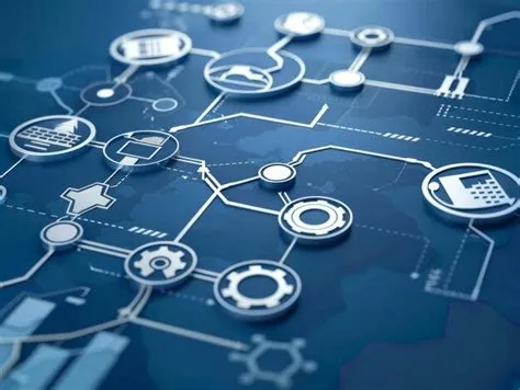 Abstract digital network with icons representing various interconnected ...