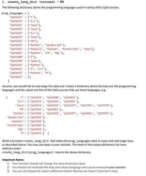 Solved 1. create_lang_dict (courses) −8% The following | Chegg.com