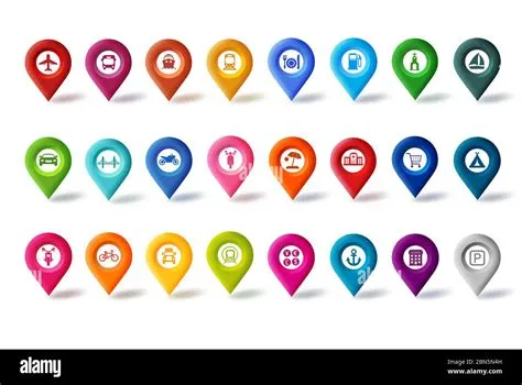 Travel map pin icons vector set. Colorful navigation map pins button ...