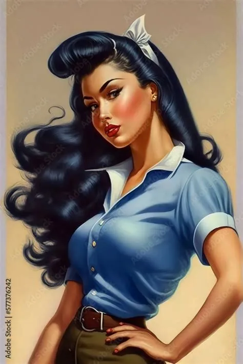 beautiful vintage 1940s pinup woman with long black hair, wearing ...