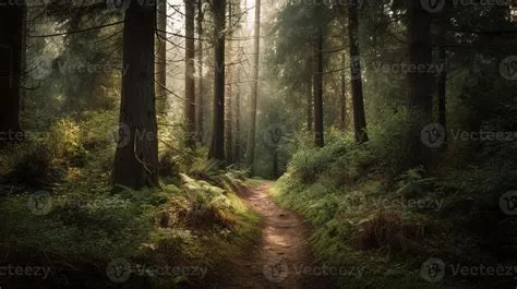 Foggy path through the forest ,Sunset in a dark forest with rays of ...