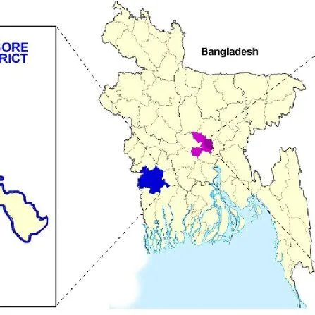 Map showing the location of Jessore district and Dhaka city, Bangladesh ...
