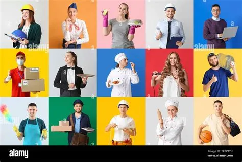 Collection of people of different professions on color background Stock ...