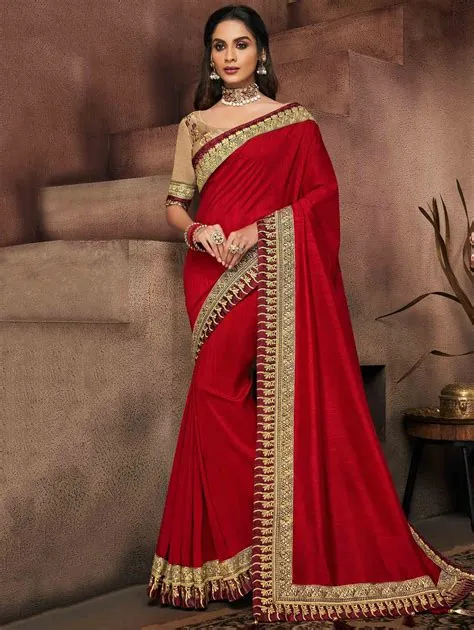 Red Silk Plain Saree with Embroidered Border | Party wear sarees ...