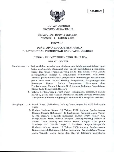 Perbub Nomor 1 Tahun 2024 Tentang Penerapan Manajemen Resiko ...
