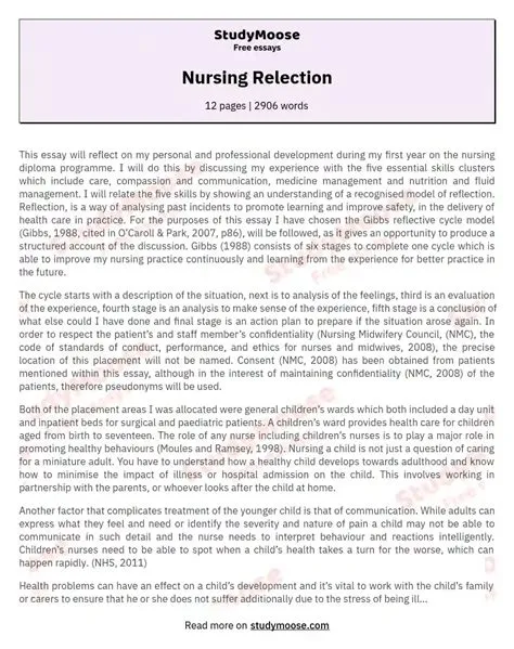 Nursing Relection Free Essay Example