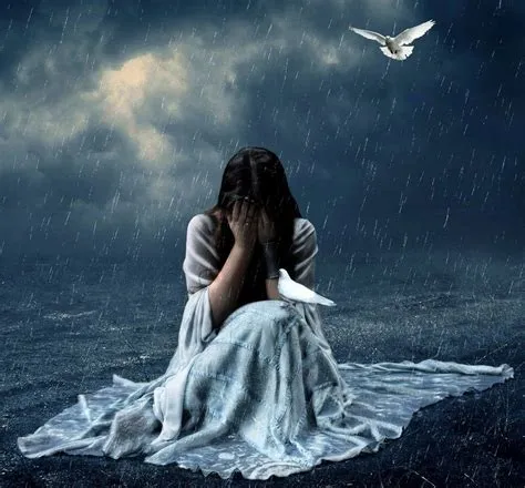 Lonely girl crying with tears in rain thinking of forgotten love ...