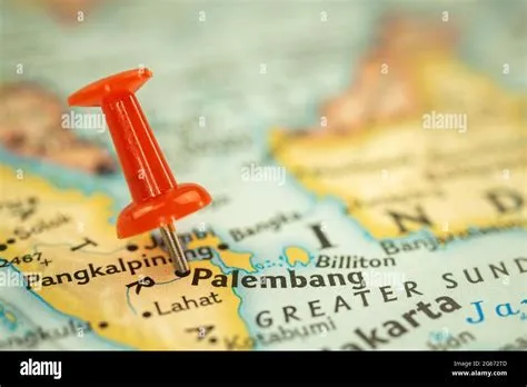 Location Palembang in Sumatra, map with push pin closeup, travel and ...