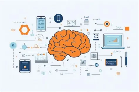 Flat graphic of an AI brain surrounded by technology devices and data ...