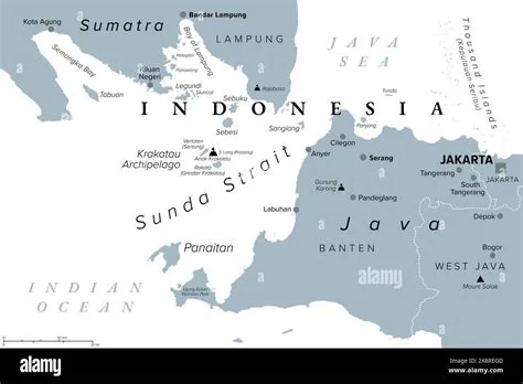 Sunda Strait, Indonesia, gray political map. Strait between Indonesian ...