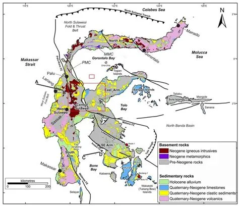 Simplified geological map of Sulawesi with major structures and ...