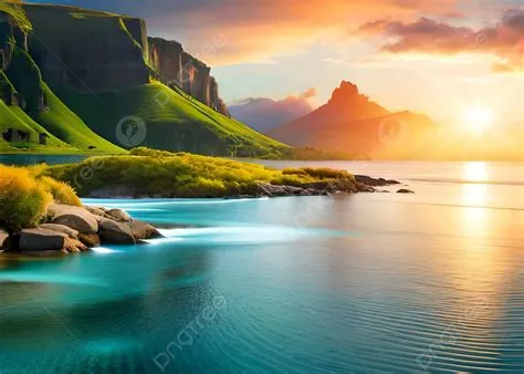 Beautiful Ocean Green Mountains Sunset Nature Wallpaper Background Ai ...