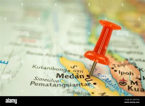 Location Medan in Sumatra, map with push pin closeup, travel and ...